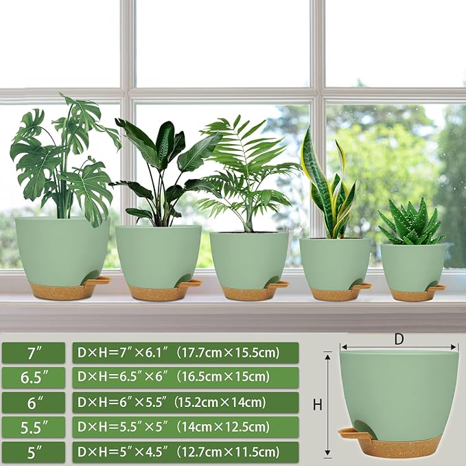 Self Watering Planters with Drainage Holes Reservoir,Nursery Planting Pot for Indoor Decor Garden Plants Succulents,Snake Plant, African Violet,Plastic Flower Pots Set 7+6.5+6+5.5+5 Inch (Green)