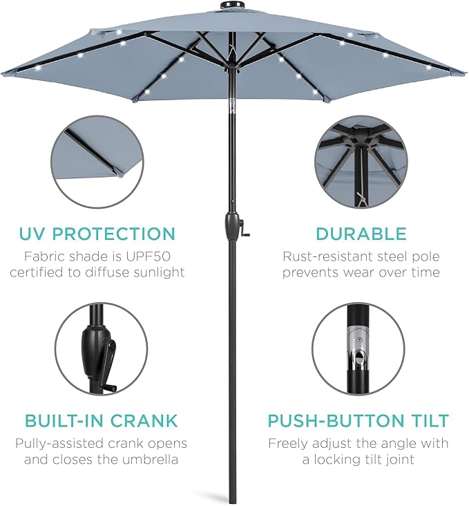 Best Choice Products 7.5ft Outdoor Solar Market Table Patio Umbrella for Deck, Pool w/Tilt, Crank, LED Lights - Breeze Blue