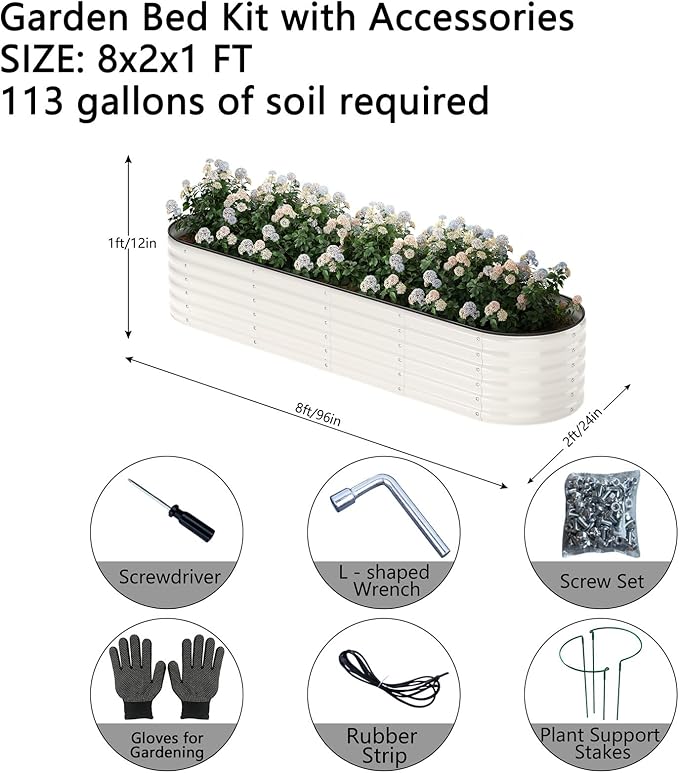 Galvanized Metal Planter Round Raised Garden Bed Kit for Gardening Outdoor Garden Box Raised Flower Bed 1PC White 8X2X1FT