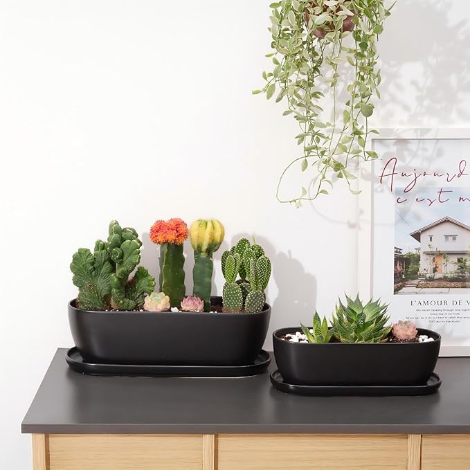 E-liu Oval Ceramic Planter Pot with Drainage Hole Saucers 11 Inch Succulents Planter Home Decor for Indoor Outdoor Plants Herb Cactus with 3 Mesh Pads, Plants Not Included, Black