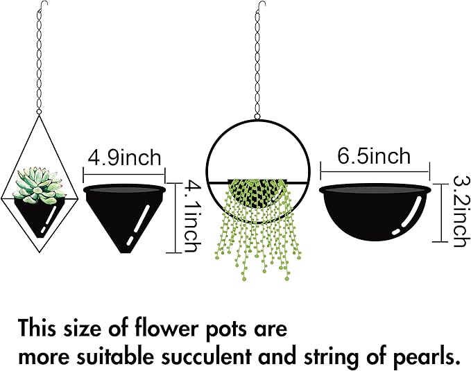 Metal Hanging Planters, Modern Plant Hanger with Pots, Set of 2 Black Plant Holders in Diamond and Round Shape, Small Wall and Ceiling Planter for Indoor Plants, Home Décor- Black