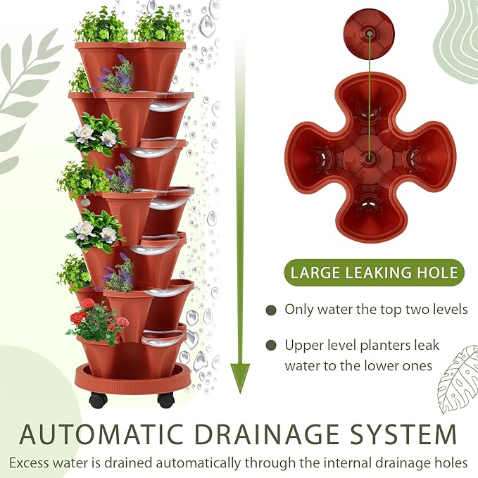 Umigy 2 Set of 7 Tier Vertical Planter Stackable Tower Planters Strawberry Herb Flower and Vegetable Pots Indoor Outdoor Gardening Pots with Removable Wheels and Tools(Brick Red)