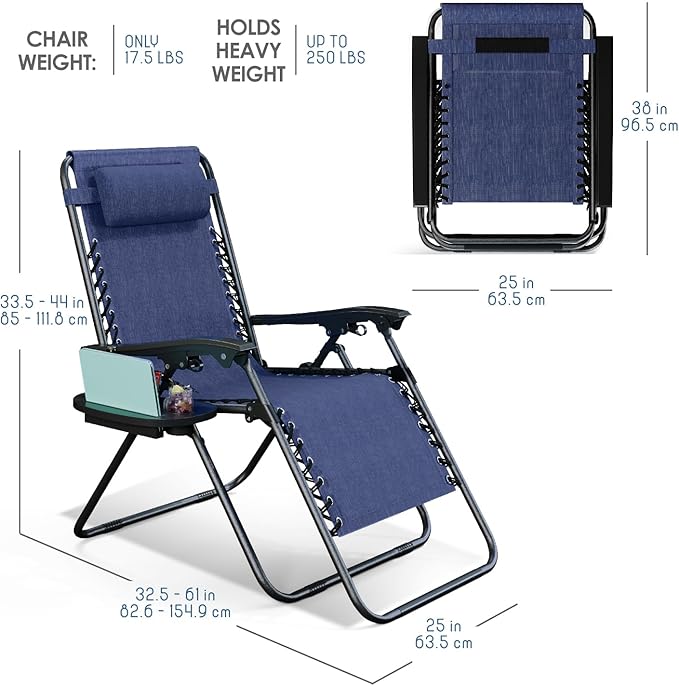 Nestl Zero Gravity Chairs Set of 6, Patio Lounge Chair Outdoor with Pillows & Cup Holder Trays, Adjustable Steel Mesh Reclining Camping Chair, Folding Patio Lawn Chair for Deck, Beach, Yard - Blue
