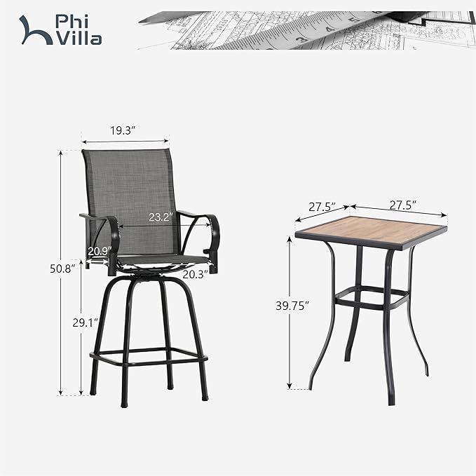 PHI VILLA 5 Piece Outdoor Bar Set, High Top Patio Table and Chairs with 4 Swivel Bar Stools (Grey) & Square Bar Bistro Table for Garden, Yard
