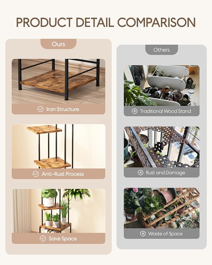 Plant Stand Indoor, 5-Tier Tall Plant Stand Indoor, Metal Plant Shelf with Hanging Basket Hook, Ideal Corner Plant Table for Living Room, Balcony, Garden, Patio (Brown)
