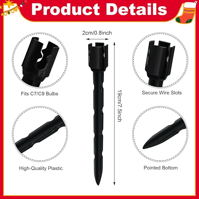 60 Pcs 7.5 Inch Christmas Light Stakes, Christmas Yard Stakes for C7 C9 Christmas Lights, Garden Path Walkway Holiday Decorations(Black)