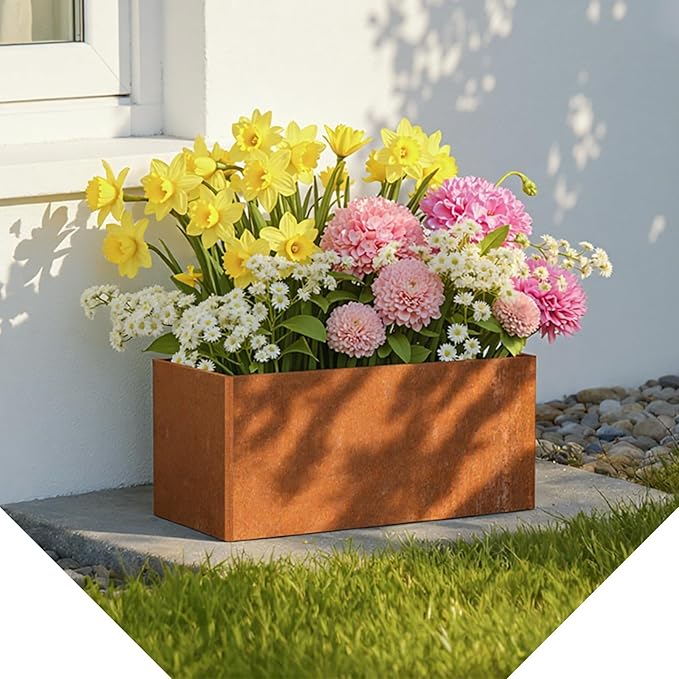 Metal Planter Box - 25x11x13H Inch, Co rten Steel Planter for Patio, Garden, Porch - Brown