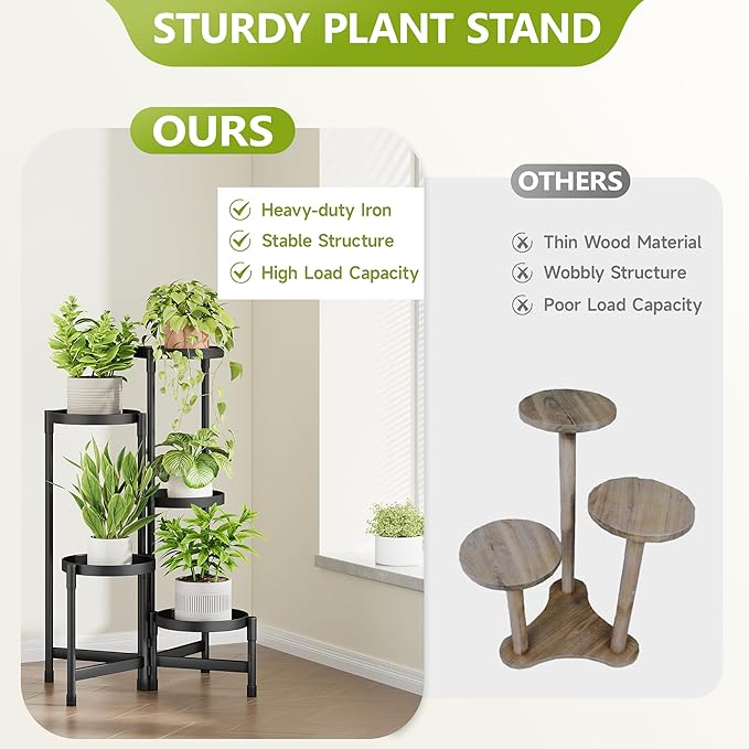 5 Tier Plant Stand Indoor, Tiered Plant Stand Outdoor for Multiple Plants, Corner Plant Shelf for Patio Balcony Porch Garden Living Room House, Black
