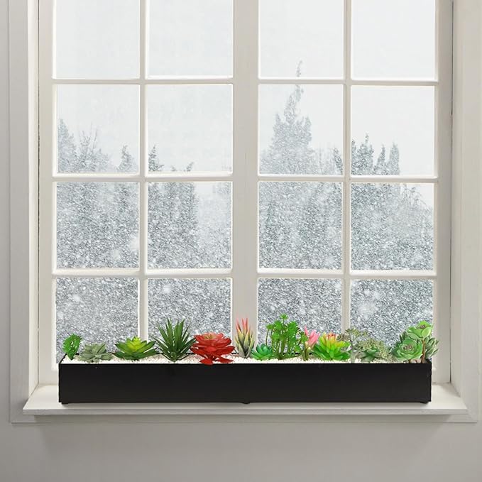 Trough Rectangle Planter Window Sill Planter Box Long Window Planters Modern Galvanized Steel Succulent Planter Black Metal Windowsill Pot 32 in for Indoor Plants Herb Table Home Outdoor