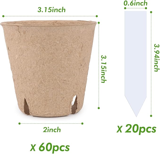 homenote Peat Pots, 60 Pcs 3.15 Inch Seed Starting Pots with Drainage Holes, Round Nursery Plant Pots with Bonus 20 Plant Labels