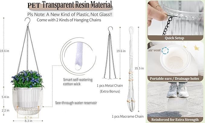 Melphoe Self Watering Hanging Planters for Indoor Plants, 1 Pack 8.3 Inch Outdoor Hanging Plant Pot Basket, 2 Kinds of Hangers Macrame 35.5’’ & Metal Chain 19.6’’ for Garden Home Decor