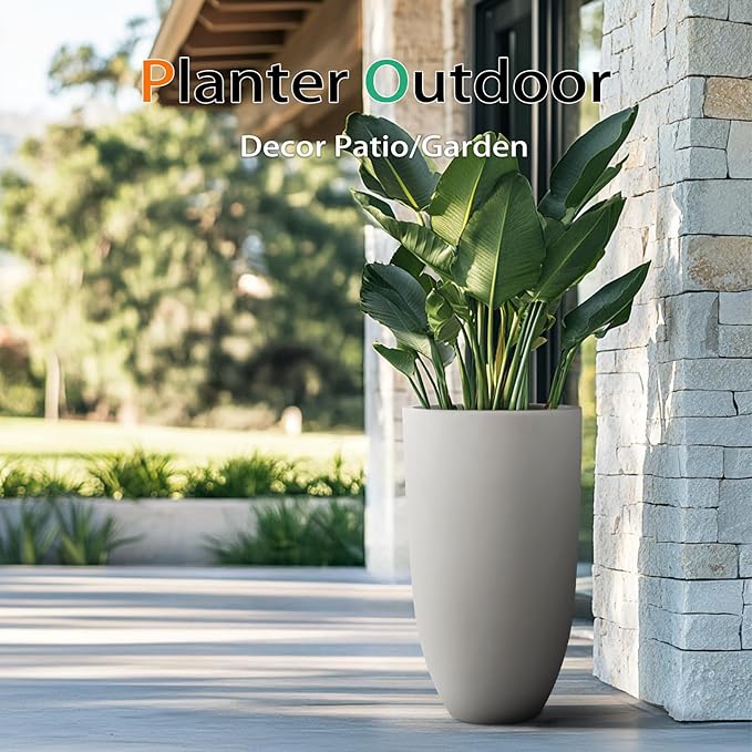 Tall Planters for Outdoor Plants, Large Concrete Flower Pots for Garden Front Porch, Patio, Indoor (Gray)