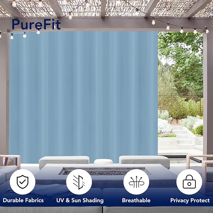 PureFit Outdoor Curtains for Patio Waterproof Weatherproof, UV Resistant Outside Curtains for Gazebo, Front Porch, Pergola, Sun Blocking Privacy Curtain, 100W x 108L inch, 1 Panel, Sky Blue