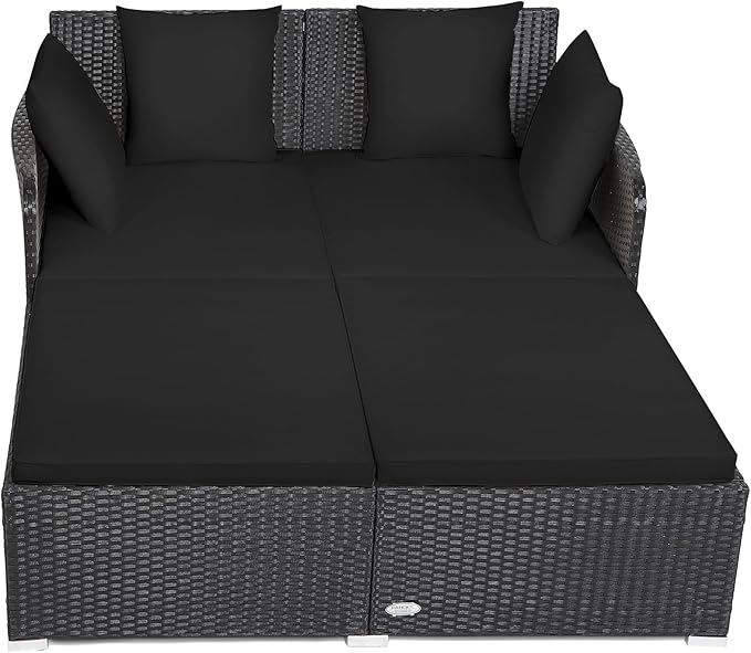 Tangkula Outdoor Rattan Daybed, Wicker Furniture with Spacious Seat, Upholstered Cushion & High-Resilience Sponge, Patio Sofa Set with 4 Pillows, 2-Person Sunbed for Poolside Backyard Garden & Balcony