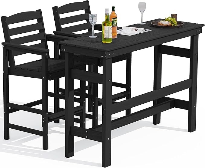 SERWALL Outdoor Bar Table and Chairs Set, Adirondack Bar Chairs Set of 2 and Bar Height Table, All Weather HDPE Patio Bar Set, Outdoor Furniture for Outside, Black
