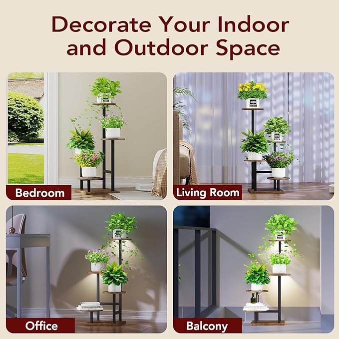 Plant Stand Indoor with Grow Light,4-Tiered Tall Plant Stand Indoor, Metal Plant Shelf with Adjustable Light, Ideal for Living Room, Garden, Patio (Black Brown)
