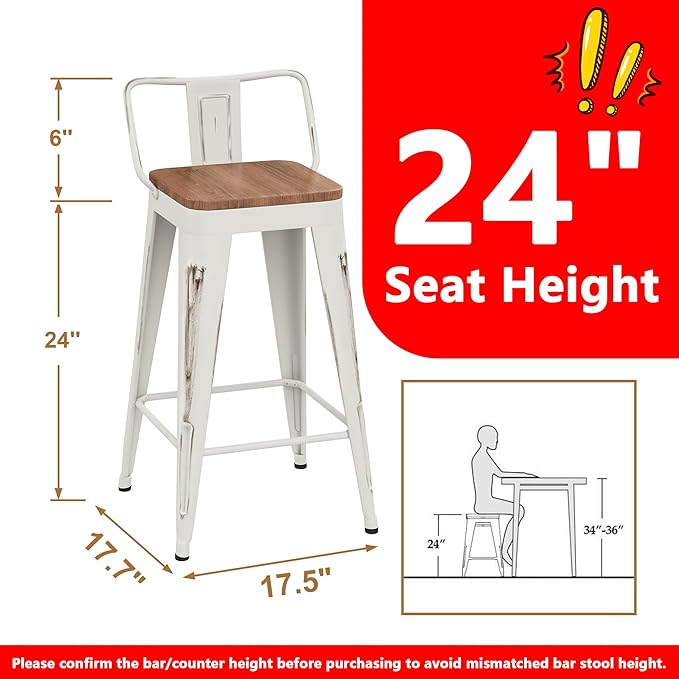 WENTMENT Bar Stools Set of 4, Industrial Style, Metal Frame, Distressed White, Wooden Seat, 24" H x 12.2" W x 15.6" D, 330 lbs Max Weight, Counter Height