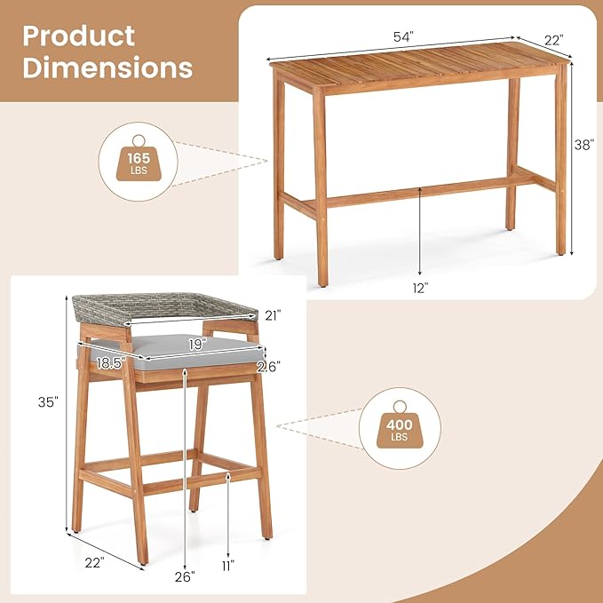Tangkula 3 Piece Patio Bar Set, Outdoor Acacia Wood Counter Height Table with 2 Cushioned Barstools with Curved Rattan Back and Footrest, for Backyard, Poolside, Balcony