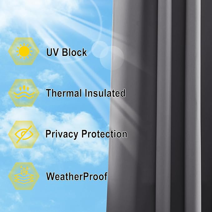 NICETOWN 2 Panels Grey Blackout Outdoor Curtains for Patio Waterproof 84" Long, Top and Bottom Rustproof Grommet Heavy Weight Windproof Drapes, Keep Privacy for Porch, W52 x L84