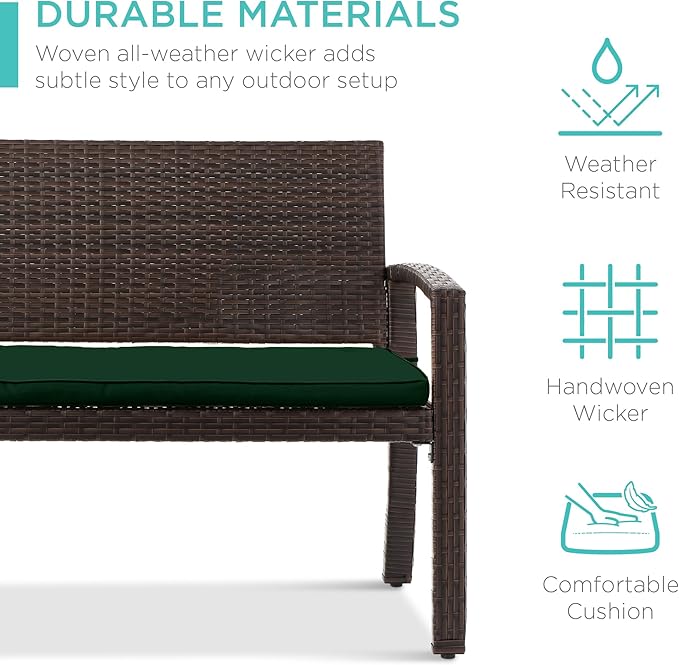 Best Choice Products Outdoor Bench 2-Person Wicker Garden Patio Benches Seating Furniture for Backyard, Porch w/Seat Cushion, 700lb Capacity - Midnight Green/Brown