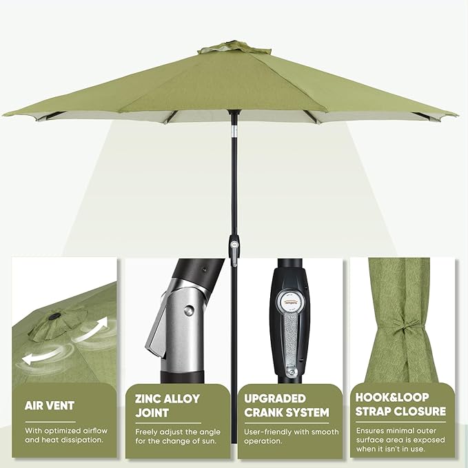 Tempera Patio Market Outdoor Table Umbrella with Auto Tilt and Crank, Large Sun Umbrella with Sturdy Pole & Fade Resistant Canopy, Easy to Set