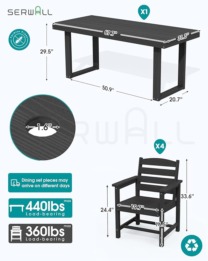 SERWALL HDPE Outdoor Dining Set for 4, 67'' All Weather Patio Dining Table and Chairs Set for Deck, Lawn, Black