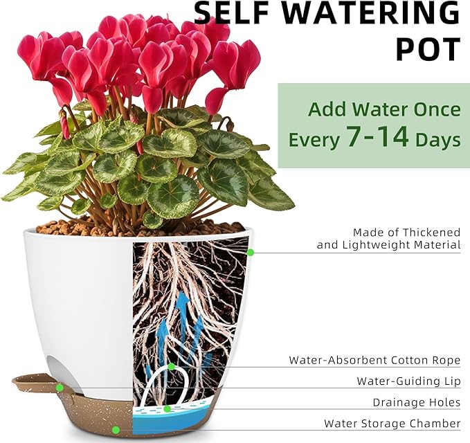 Plant Pots 8/7.5/7/6.5/6 Inch Self Watering Pots,5 Pack Planters with Drainage Holes and Saucers,Plastic Flower Pots,Nursery Planters for Indoor Outdoor Plants (White)