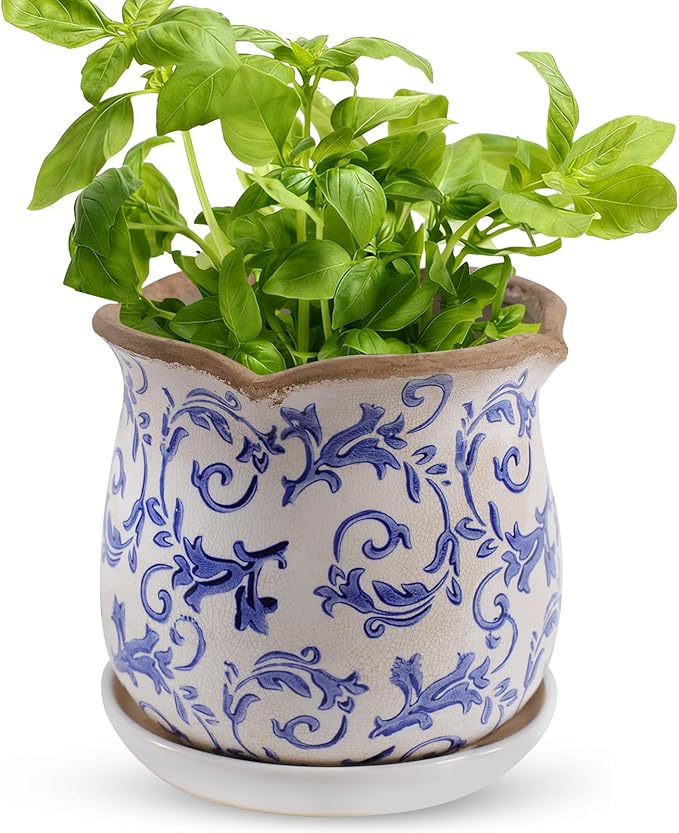 Ceramic-Planters-for-Indoor-Plants with Saucer, 6 inch Vintage Ice Crackle Glaze Plant Pots with Drainage Holes, Decorative Flower Pots for Outdoor Garden Home Decor, Tuscan Pot for Plant
