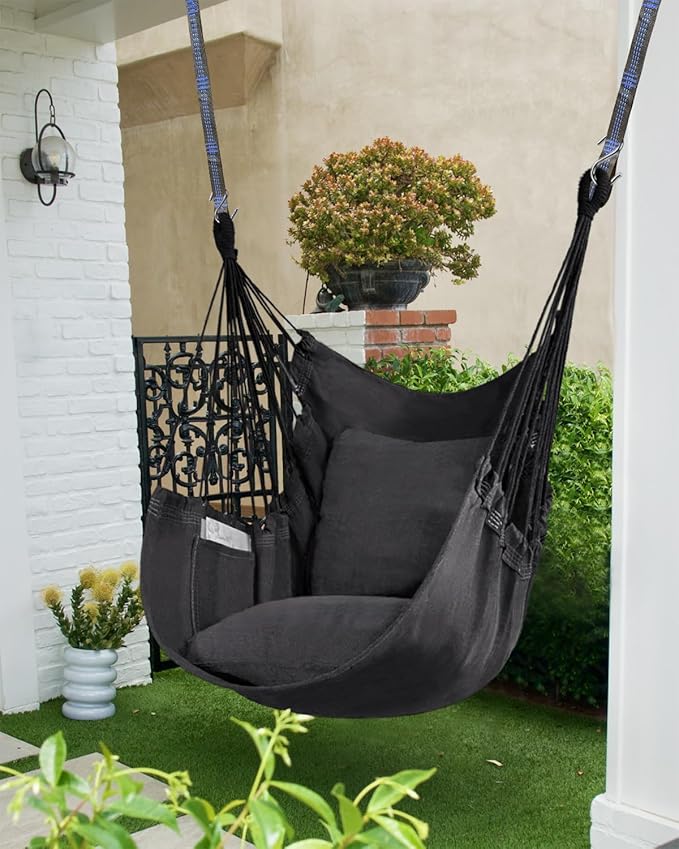 Halalona Hammock Chair Hanging Hammock Chair Rope Swing 2 Cushions Included-Sturdy & Durable Soft Cotton Hand Woven Hammock Swing for Bedroom, Porch, Patio-Indoor/Outdoor