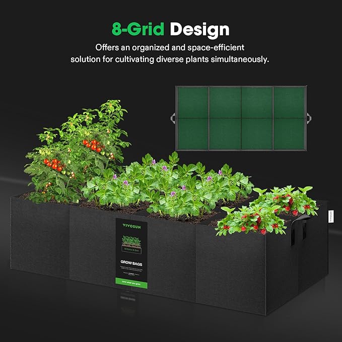 VIVOSUN 8-Grid 55 Gallon Plant Grow Bags, Large Fabric Raised Garden Bed with 400G Thickened Breathable Fabric, Reinforced Handles & 10 Pcs Plant Labels for Flowers, Vegetables, Fruits