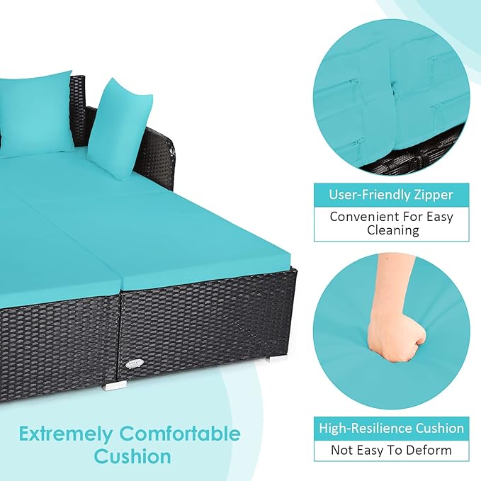 COSTWAY Outdoor Patio Rattan Daybed, Sponge Cushioned Loveseat Sofa with 4 Pillows, Wicker Furniture Sunbed for Balcony, Courtyard (Turquoise)