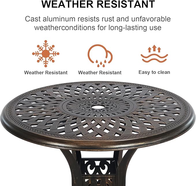 30.31" Outdoor Patio Dining Table, Cast Aluminum Patio Bistro Table, Round Patio Metal Table, Patio Furniture Set with 2.36" Umbrella Hole for Balcony Lawn Garden Backyard