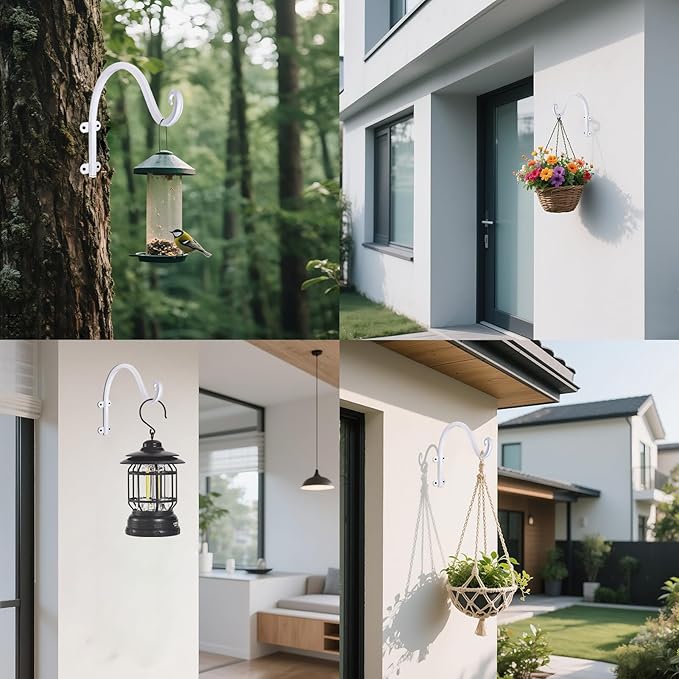 4 Pack 12Inch Plant Hanger, Sturdy Hanging Plant Bracket Hooks Outdoor, Bird Feeder Hanger for Bird Feeders, Planters, Lanterns, Wind Chimes Indoor Outdoor (White)
