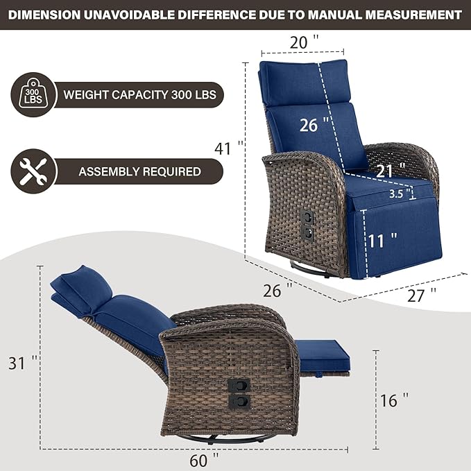 Belord Swivel Outdoor Recliner Chair Set of 2 - Reclining Patio Chair with Adjustable Backrest and Footrest, All-Weather Wicker Chaise Lounge Chair Outdoor for Pool Deck Brown (Upgraded 2.0)