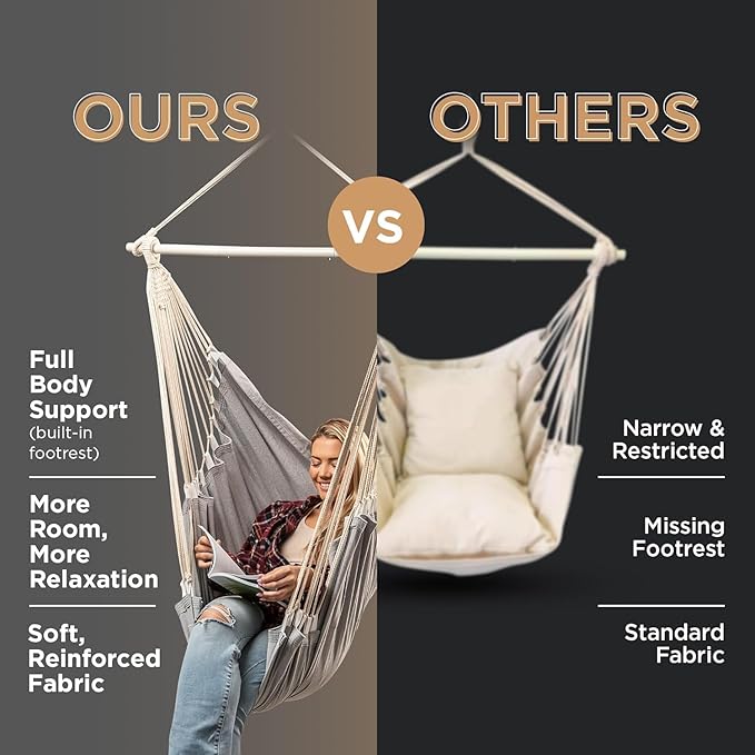 Hanging Hammock Chair Swing – Hanging Chair Outdoor & Indoor - Hammock Swing Chair – Quick & Easy Setup with Hardware Kit – Durable & Spacious Full Body Support with 2 Plush Cushions – Holds 440 Lbs