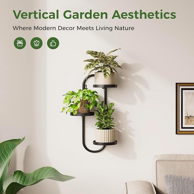 Wall Plant Holder 3 Tier Window Plant Shelves Metal Plant Wall Hanger for Indoor Plants Hanging Small Wall Shelf Living Room Balcony Black