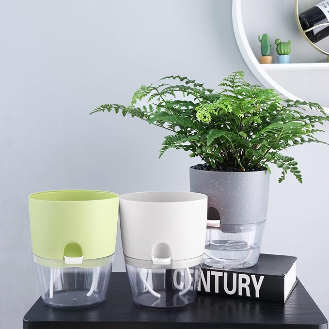 6 Inch Self Watering Plastic Plant Pots for Indoor Plants - 3 Pack White Orchid Planters with Wick Ropes & Drainage Holes, Modern Decorative Garden Pots with Water Reservoir