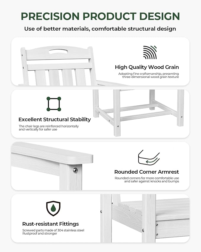 Patio Chairs Set of 2, HDPE Outdoor Dining Chairs with Wide Seat, All Weather Oversized Porch Chair for Garden, Backyard, Deck - White