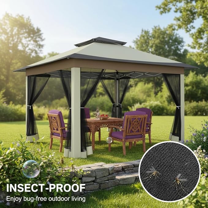 COBIZI 12x12 Pop up Gazebo on Clearance with Mosquito Netting & Sandbags, Outdoor Canopy Tent with 4 Ropes 8 Stakes & Portable Carrying Bag, Patio Portable Gazebo for Garden Backyard & Lawn, Beige