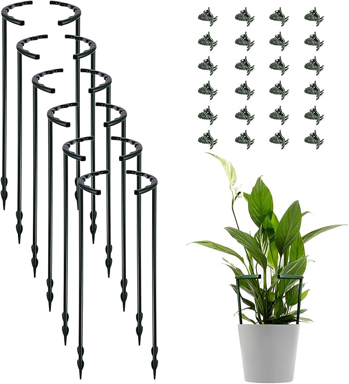 12 Pack Plant Support Stakes with 24 Pcs Clips, Half Round Ring Plastic Cage Holder Flower Pot Climbing Trellis for Small Vegetable,Indoor Plants