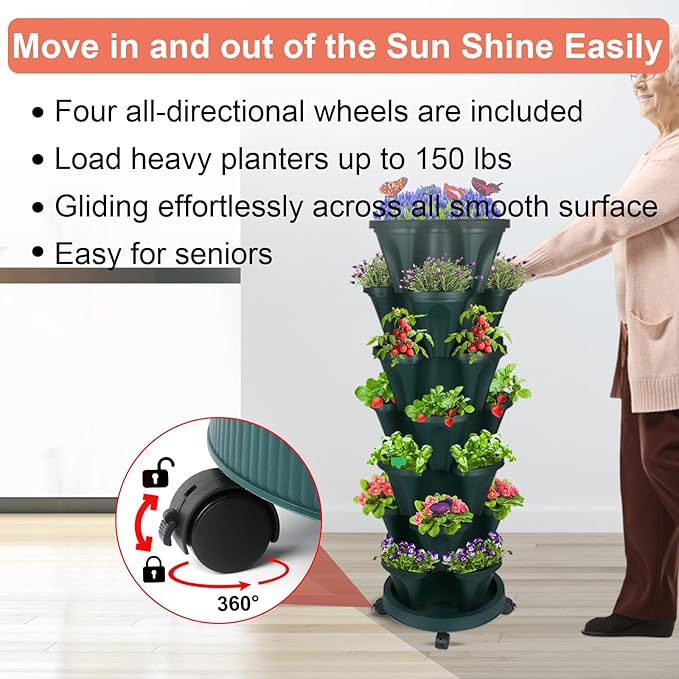 DUNCHATY Stackable Planter, Vertical Strawberry Planter with Garen Tool Set, Self Watering Garden Planter Indoor/Outdoor 7 Tier Herb Planter Pots for Growing Vegetables and Succulents, Pine Green