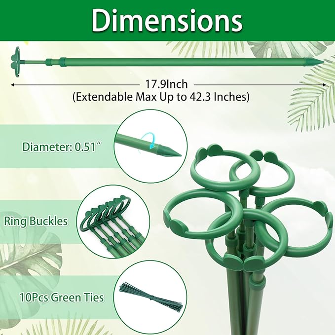 Extendable Plant Stakes, Length Scalable from 17.9IN to 42.3IN Plant Support Stake, Orchid Sticks with Clips for Indoor Outdoor,Garden Stakes for Plant,Tomato,Vegetables,Monstera,Vine - 5Pack