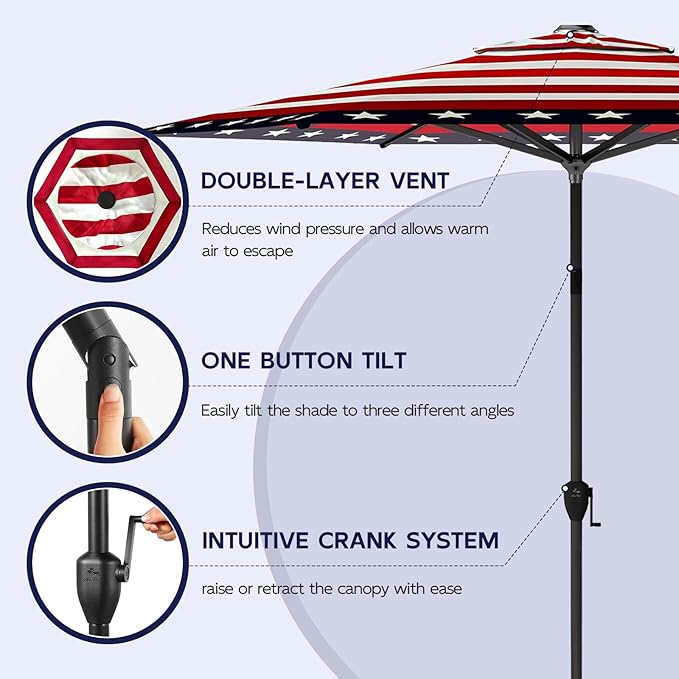Abba Patio 9FT Lyon Outdoor Patio Umbrella Outdoor Table Umbrella with Push Button Tilt and Crank Market Umbrella 6 Sturdy Ribs UV Protection Waterproof for Garden Deck Backyard Pool, Star-Spangled