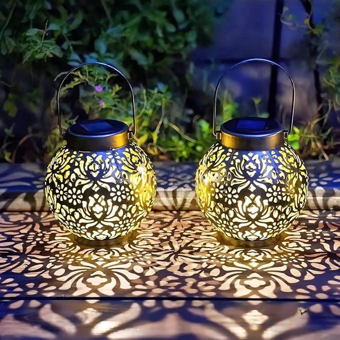 2 Pack Outdoor Solar Hanging Lantern Lights Metal LED Decorative Lamp for Garden Patio Courtyard Lawn and Table with Hollowed-Out Design (Antique Bronze)