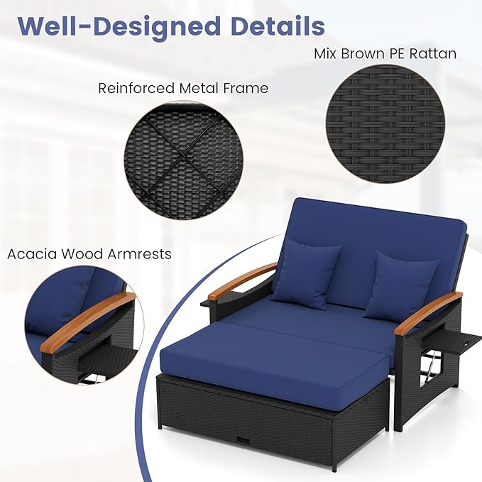 Tangkula Patio Rattan Daybed with 4-Level Adjustable Backrest, Outdoor Wicker Loveseat with Acacia Wood Armrest, Storage Ottoman & Folding Tray, Double Sunbed for Yard & Poolside (Navy & Black)