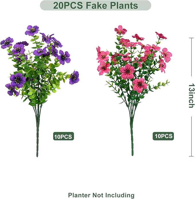 Artificial Flowers for Outdoor, UV Resistant Fake Silk Flowers, Realistic Faux Plants for Outside Indoor Porch Patio Window Box Planter Home Decor (20, Purple Rosy)