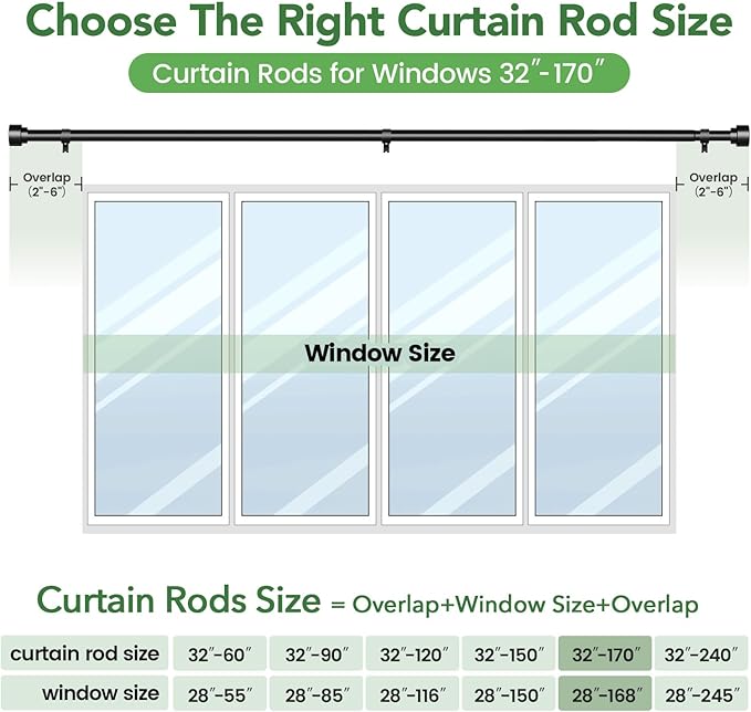 Time Forest Curtain Rods for Windows 32 to 170, 1 Inch Adjustable Black Heavy Duty Long Window Outdoor Curtain Rod for Patio, Modern Drapery Rods with Simple End Caps, Size 32"-170"