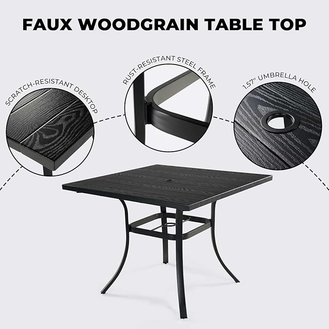 Grand patio 5-Piece Outdoor Dining Set, 4 Leather-Look Wicker Swivel Blue Patio Chairs & 1 Square Dining Table, Black