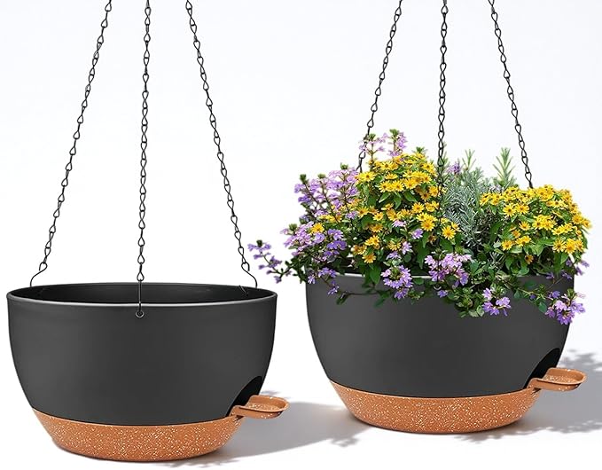 2 Pack 12 Inch Self Watering Hanging Planters for Indoor Plants, Large Black Brown Plastic Hanging Pots with Chains for Outdoor Patio Garden Home Decor Black Brown