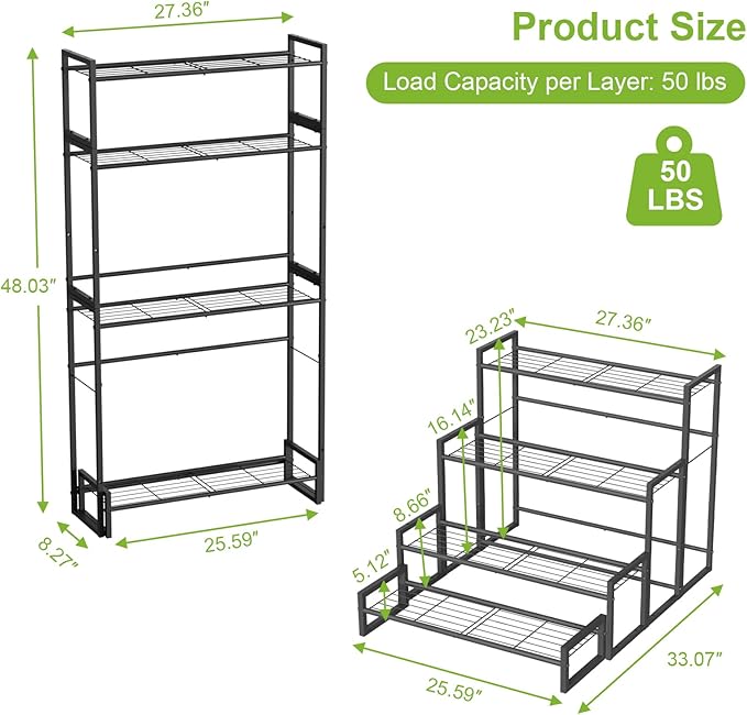 Plant Stand, 4 Tier Stackable Tiered Plant Stand, Scalable Heavy Duty Tall Plant Shelf for Indoor Outdoor, Garden, Display Shelves, Flower Pot Holder, Black